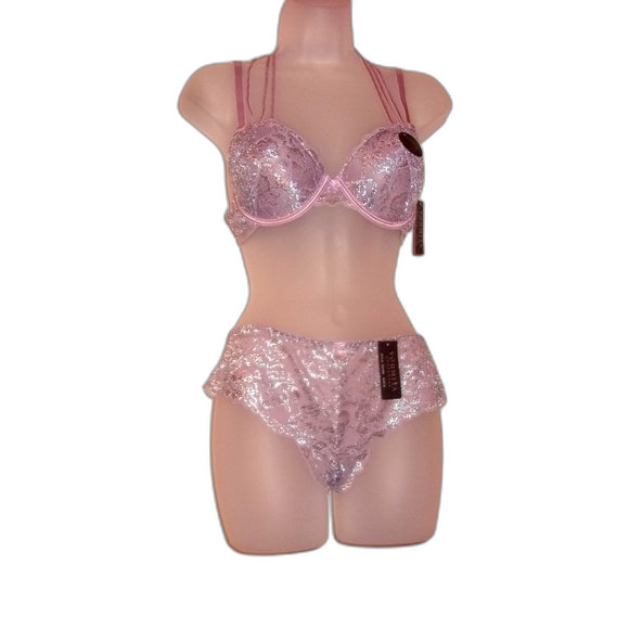 Youmita 36B Seafog Metallic Lace Bra & Large Metallic Lace Hipster Set NWT - Picture 1 of 10